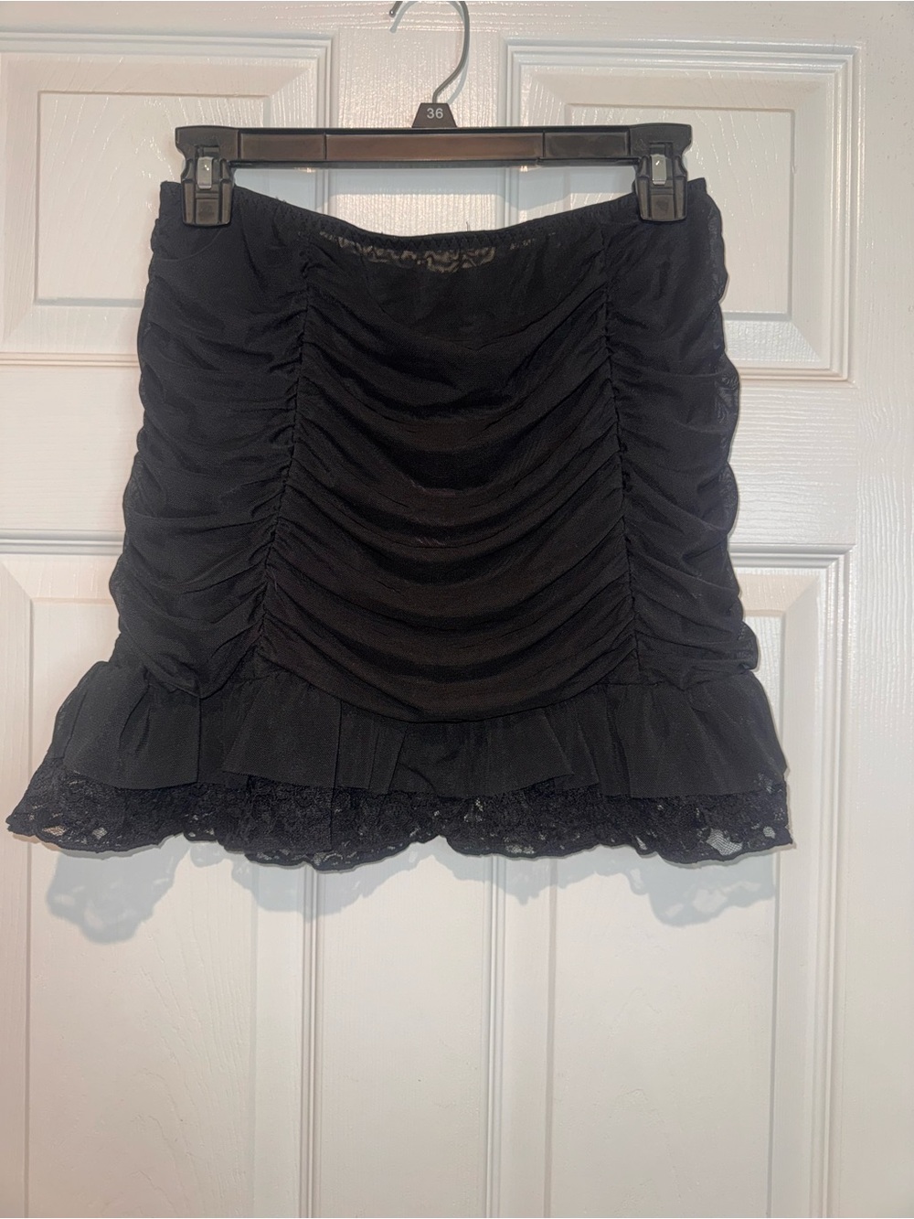 Avidlove Black Ruched Sheer Mini Skirt with Lace Hem. Size M